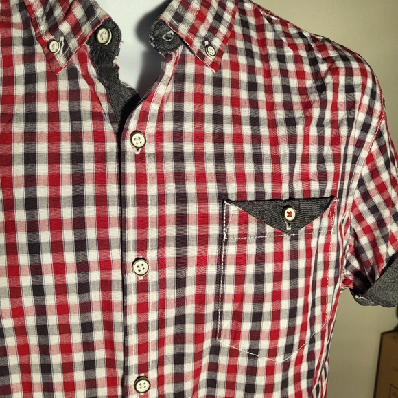 MBX Denim Wear Men's Short Sleeve Button Shirt Red/Blue Size M - Picture 8 of 16